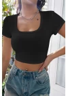 Kadın Siyah Yarım Kol Düz Yaka Crop Top Bluz