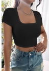 Kadın Siyah Yarım Kol Düz Yaka Crop Top Bluz
