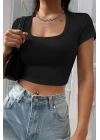 Kadın Siyah Yarım Kol Düz Yaka Crop Top Bluz
