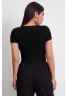 Kadın Siyah Yuvarlak Yaka Yarım Kol Crop Top Bluz