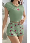 Kadın Yeşil Çilek Desenli Askılı Şortlu Pijama Takım 6648