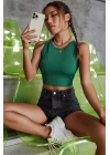 Kadın Yeşil Kare Yaka Crop Top Bluz