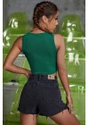 Kadın Yeşil Kare Yaka Crop Top Bluz