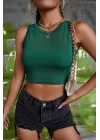 Kadın Yeşil Kare Yaka Crop Top Bluz