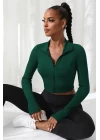 Kadın Yeşil Uzun Kol Fermuarlı Parmak Geçme Detaylı Dik Yaka Crop Top Bluz