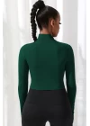Kadın Yeşil Uzun Kol Fermuarlı Parmak Geçme Detaylı Dik Yaka Crop Top Bluz