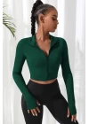 Kadın Yeşil Uzun Kol Fermuarlı Parmak Geçme Detaylı Dik Yaka Crop Top Bluz