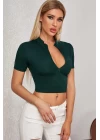 Kadın Yeşil Yarım Fermuarlı ve Kısa Kollu Crop Top Bluz