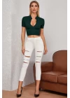 Kadın Yeşil Yarım Fermuarlı ve Kısa Kollu Crop Top Bluz