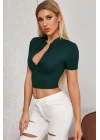 Kadın Yeşil Yarım Fermuarlı ve Kısa Kollu Crop Top Bluz
