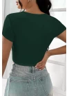 Kadın Yeşil Yarım Kol Düz Yaka Crop Top Bluz