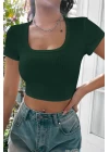 Kadın Yeşil Yarım Kol Düz Yaka Crop Top Bluz