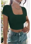 Kadın Yeşil Yarım Kol Düz Yaka Crop Top Bluz