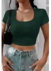 Kadın Yeşil Yarım Kol Düz Yaka Crop Top Bluz
