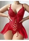 Kırmızı Dantel Detaylı Önü Dekolteli Fantezi Babydoll