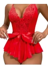 Kırmızı Dantel İşlemeli Kurdelalı Fantezi Tül Babydoll