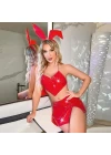 Kırmızı Dekolteli Mini Fantezi Parlak Deri Kostüm