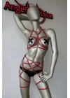 Kırmızı Deri Jartiyer Harness Takım
