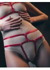 Kırmızı Fantezi Deri Sütyen Külot Harness