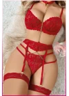 Kırmızı Göğüs Balenli Dantelli Zincir Detaylı Seksi Jartiyer Takım
