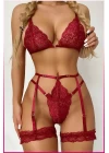 Kırmızı Göğüs Dantelli Seksi Jartiyer Takım