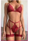 Kırmızı Göğüs Dantelli Seksi Jartiyer Takım