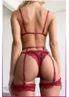 Kırmızı Göğüs Dantelli Seksi Jartiyer Takım