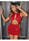 Kırmızı Göğüs Dekolteli Simli Fantezi Mini Club Elbisesi