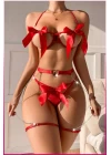 Kırmızı Göğüs Fiyonklu Balenli Seksi Jartiyer Takım