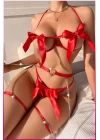 Kırmızı Göğüs Fiyonklu Balenli Seksi Jartiyer Takım