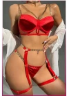 Kırmızı Merdüven Zincirli Göğüs Balenli Kadın Seksi Jartiyer Takım