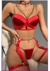 Kırmızı Merdüven Zincirli Göğüs Balenli Kadın Seksi Jartiyer Takım