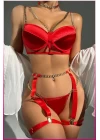 Kırmızı Merdüven Zincirli Göğüs Balenli Kadın Seksi Jartiyer Takım