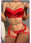 Kırmızı Merdüven Zincirli Göğüs Balenli Kadın Seksi Jartiyer Takım