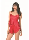 Kırmızı Saten Babydoll Şort Takımı