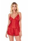 Kırmızı Saten Babydoll Şort Takımı