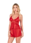 Kırmızı Saten Babydoll Şort Takımı