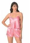 Koyu Pembe Saten Babydoll Şort Takımı