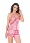 Koyu Pembe Saten Babydoll Şort Takımı