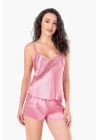 Koyu Pembe Saten Babydoll Şort Takımı