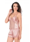 Koyu Pudra Saten Babydoll Şort Takımı