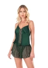 Koyu Yeşil Saten Babydoll Şort Takımı