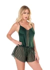 Koyu Yeşil Saten Babydoll Şort Takımı