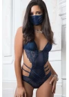Lacivert Dantel İşlemeli Maskeli Fantezi Body