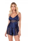 Lacivert Saten Babydoll Şort Takımı
