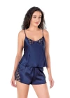Lacivert Saten Babydoll Şort Takımı