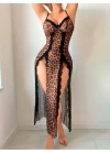 Leopar Desenli Yırtmaçlı Fantezi Uzun Gecelik