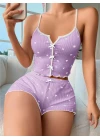 Lila Üstüne Beyaz Kalp Desenli Askılı Şortlu Pijama Takımı