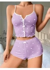 Lila Üstüne Beyaz Kalp Desenli Askılı Şortlu Pijama Takımı