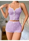 Lila Üstüne Beyaz Kalp Desenli Askılı Şortlu Pijama Takımı